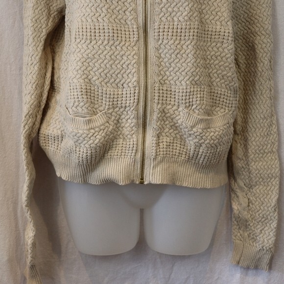 Banana Republic Full Zip Cream Textured Basket Weave Cardigan Sweater LG - Picture 4 of 11